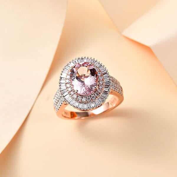 Certified Iliana AAA Pink Morganite Natural Pink And White Diamond Ring In 18K Rose Gold 2.67 Ctw