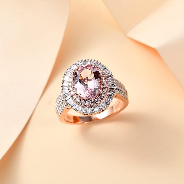 Certified Iliana AAA Pink Morganite Natural Pink And White Diamond Ring In 18K Rose Gold 2.67 Ctw