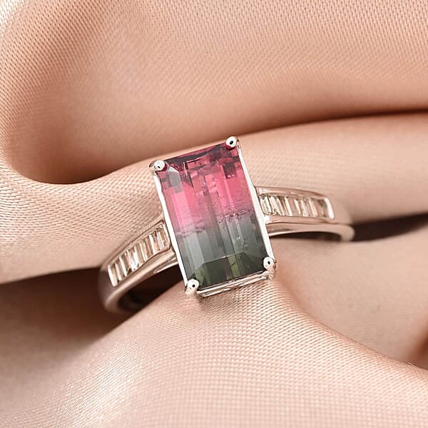Certified Luxoro 14K White Gold AAA Bi-Color Tourmaline And G-H I2 Diamond Ring 2.76 Ctw