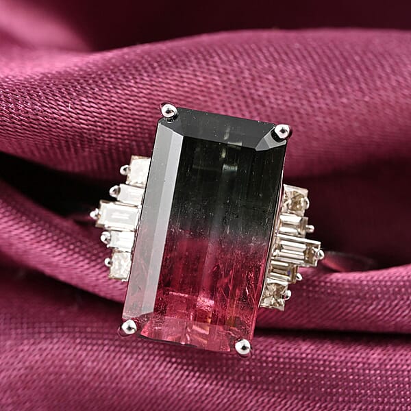 Certified Luxoro 14K White Gold AAA Bi-Color Tourmaline And G-H I2 Diamond Ring 5.95 Ctw