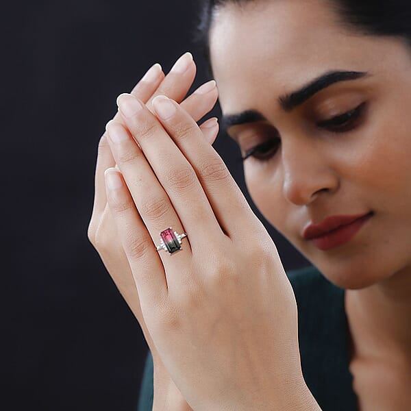 Certified Luxoro 14K White Gold AAA Bi-Color Tourmaline And G-H I2 Diamond Ring 5.95 Ctw