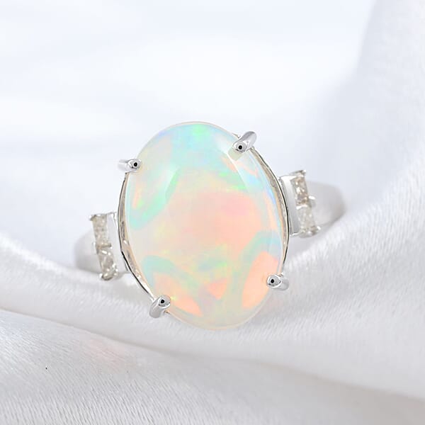 Certified LUXORO 14K White Gold AAA Ethiopian Welo Opal And G-H I2 Diamond Ring 3.90 Ctw