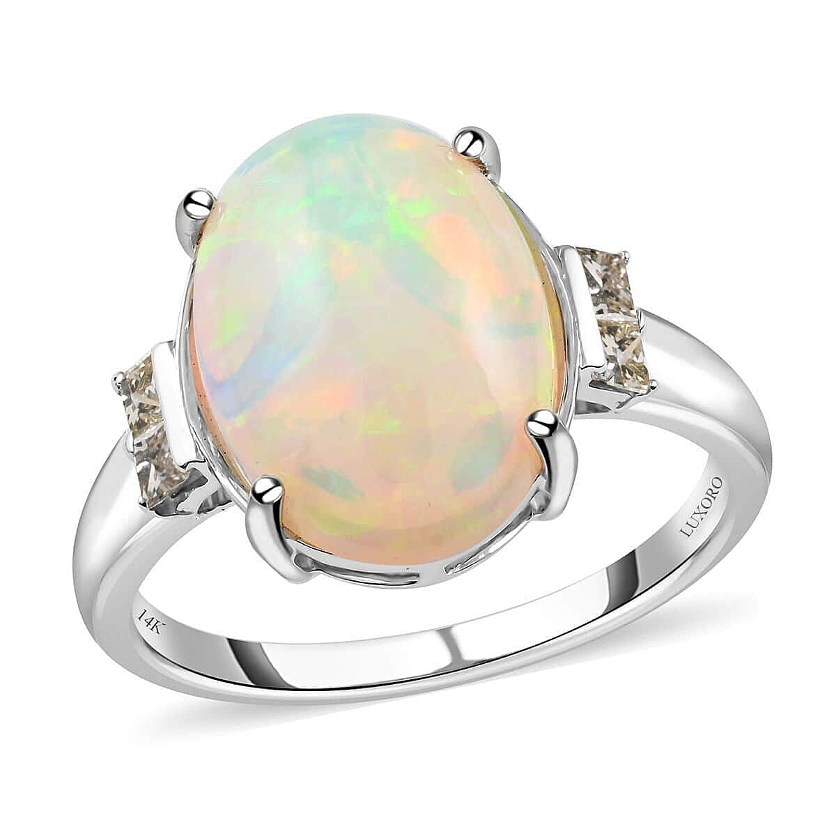 Certified Luxoro 14K White Gold AAA Ethiopian Welo Opal and G-H I2 Diamond Ring 3.90 ctw