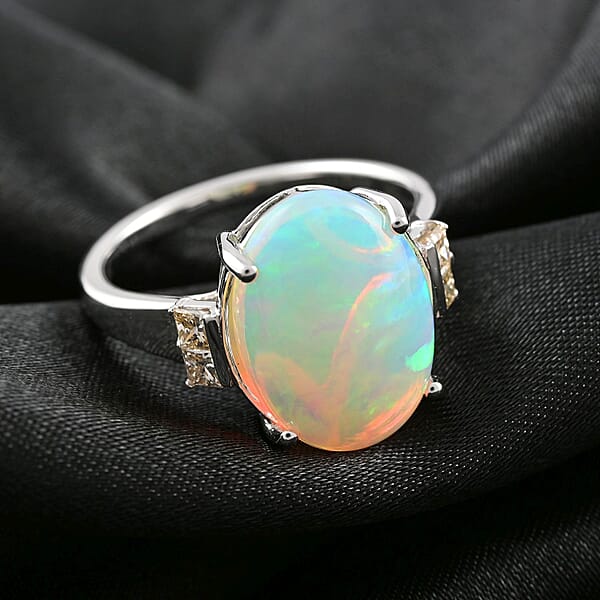 Certified Luxoro 14K White Gold AAA Ethiopian Welo Opal And G-H I2 Diamond Ring 3.90 Ctw