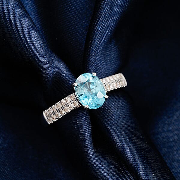Certified Luxoro AAA Cambodian Blue Zircon Diamond Ring In 14K White Gold 2.10 Ctw