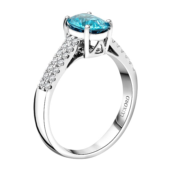 Certified Luxoro AAA Cambodian Blue Zircon Diamond Ring In 14K White Gold 2.10 Ctw