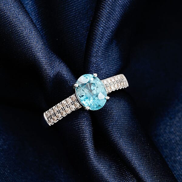 Certified Luxoro AAA Cambodian Blue Zircon Diamond Ring In 14K White Gold 2.10 Ctw