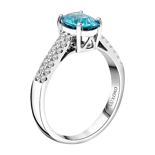 Certified Luxoro AAA Cambodian Blue Zircon Diamond Ring In 14K White Gold 2.10 Ctw