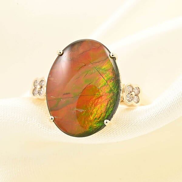 Certified Luxoro AAA Canadian Ammolite Diamond Ring In 10K Yellow Gold 0.10 Ctw