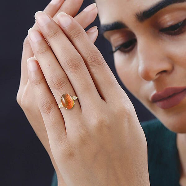Certified Luxoro AAA Canadian Ammolite Diamond Ring In 10K Yellow Gold 0.10 Ctw