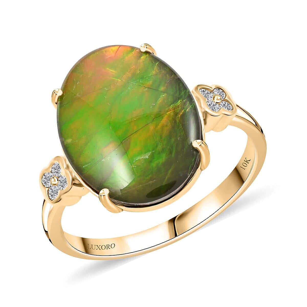 Certified Luxoro AAA Canadian Ammolite Diamond Ring in 10K Yellow Gold 0.10 ctw