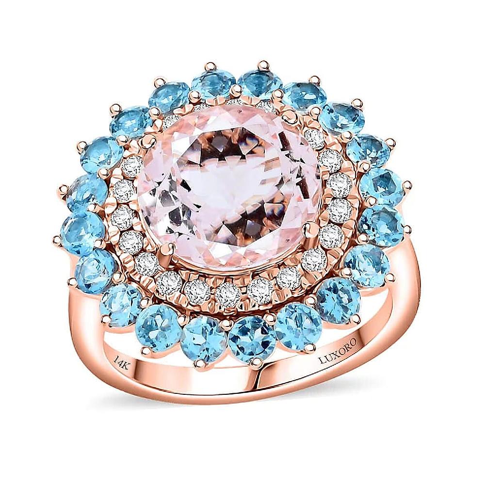 Certified Luxoro AAA Celestial Morganite Santa Maria Aquamarine G-H I2 Diamond Floral Ring in 14K Rose Gold 5.15 ctw