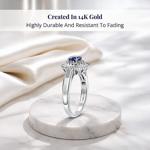 Certified Luxoro AAA Ceylon Blue Sapphire Diamond Double Halo Ring In 14K White Gold 1.32 Ctw