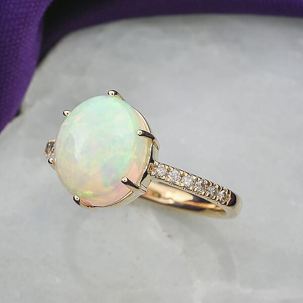 Certified Luxoro AAA Ethiopian Welo Opal Diamond Ring In 10K Yellow Gold 2.85 Ctw (Size 6.0)
