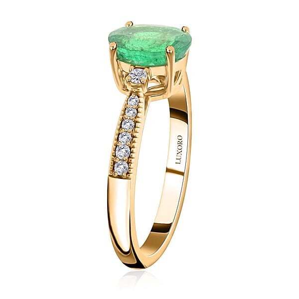 Certified Luxoro AAA Kagem Zambian Emerald Diamond (G-H I2) Ring In 14K Yellow Gold 1.30 Ctw