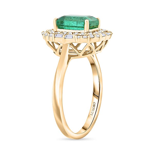 Certified Luxoro AAA Kagem Zambian Emerald Diamond Ring In 10K Yellow Gold 2.20 Ctw