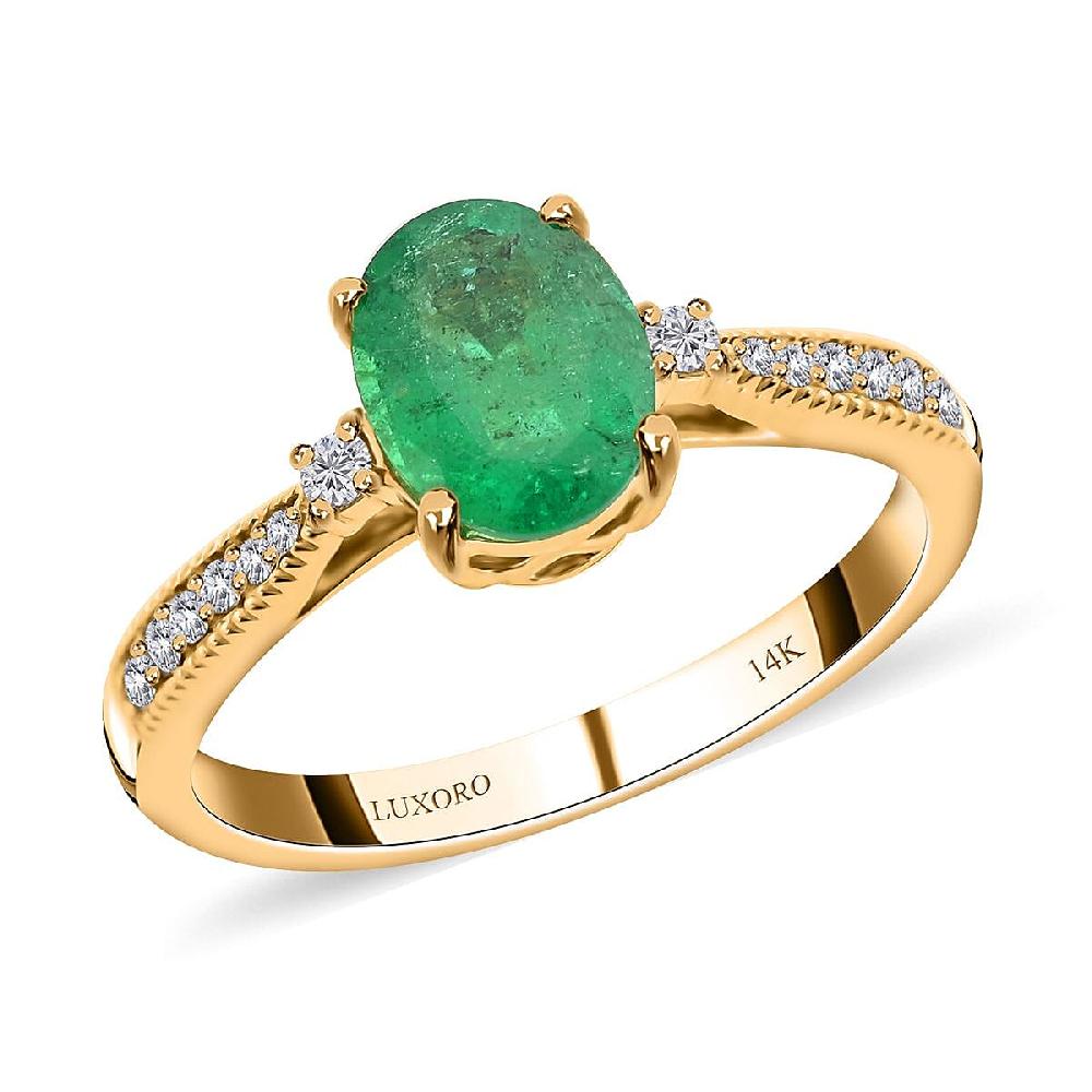 Certified Luxoro AAA Kagem Zambian Emerald Diamond (G-H I2) Ring in 14K Yellow Gold 1.30 ctw