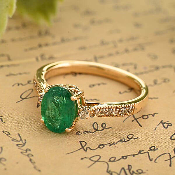 Certified Luxoro AAA Kagem Zambian Emerald Diamond (G-H I2) Ring In 14K Yellow Gold 1.30 Ctw