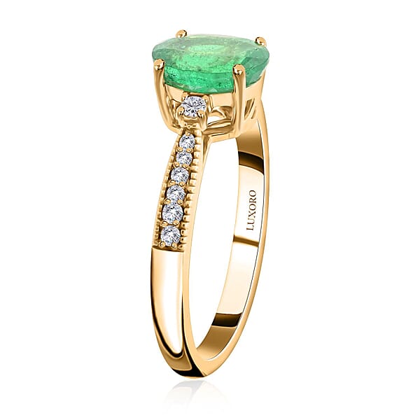 Certified Luxoro AAA Kagem Zambian Emerald Diamond (G-H I2) Ring In 14K Yellow Gold 1.30 Ctw