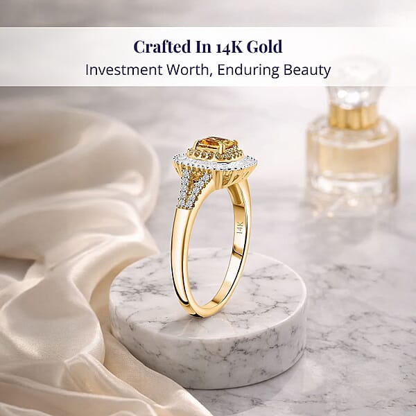 Certified Luxoro AAA Madagascar Yellow Sapphire White And Yellow Diamond Ring In 14K Yellow Gold 1.31 Ctw