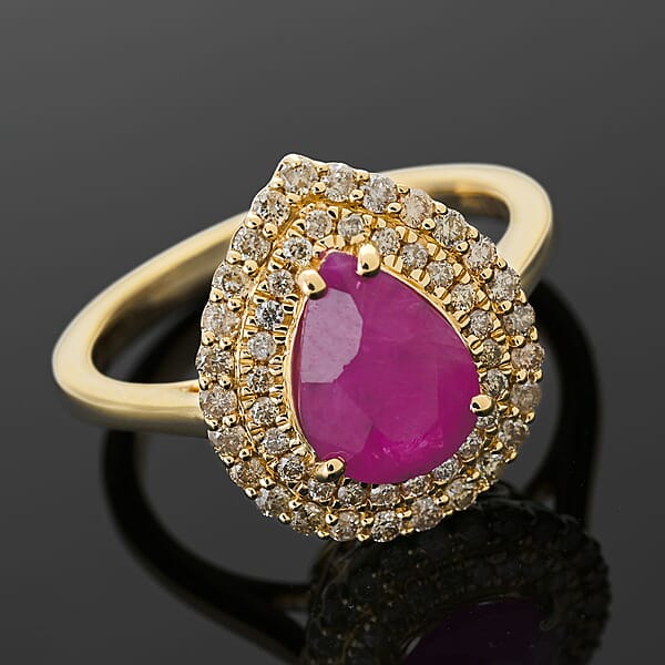 Certified Luxoro AAA Mozambique Ruby Diamond Double Halo Ring In 14K Yellow Gold 2.15 Ctw