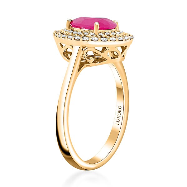 Certified Luxoro AAA Mozambique Ruby Diamond Double Halo Ring In 14K Yellow Gold 2.15 Ctw
