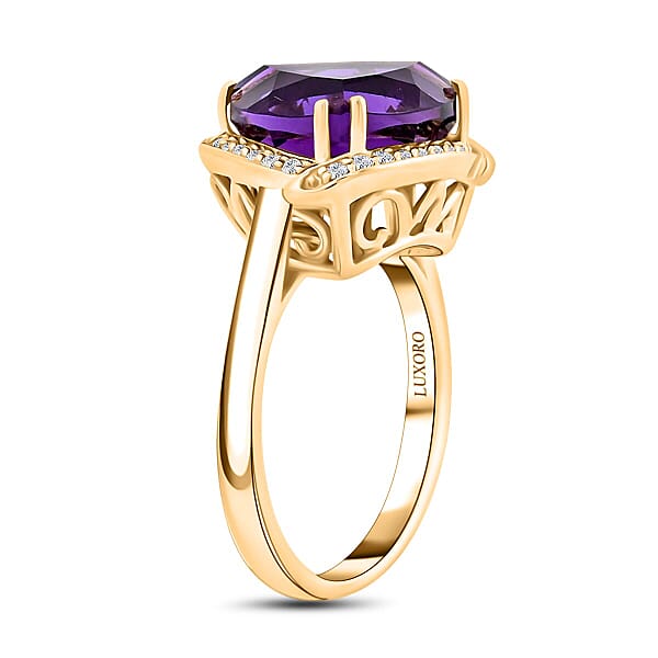 Certified Luxoro AAA Natural Lusaka Amethyst Diamond Ring In 10K Yellow Gold 6.05 Ctw