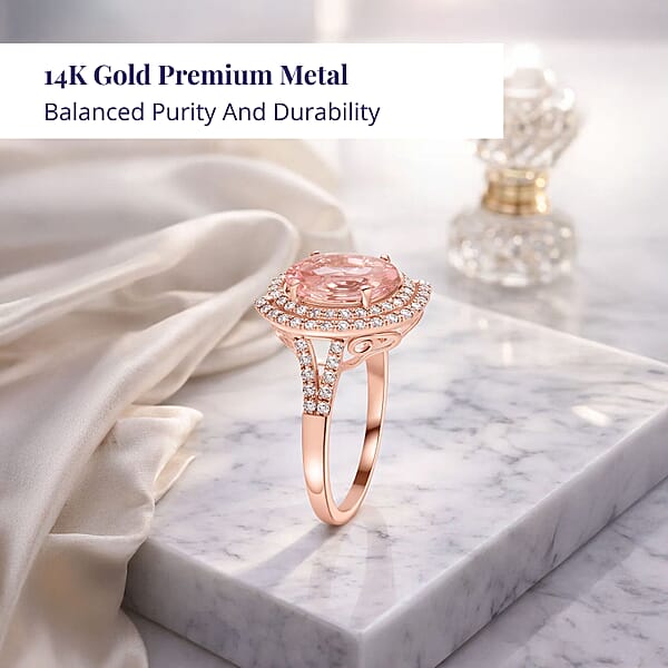 Certified Luxoro AAA Palmeiras Pink Morganite Diamond Ring In 14K Rose Gold 2.00 Ctw