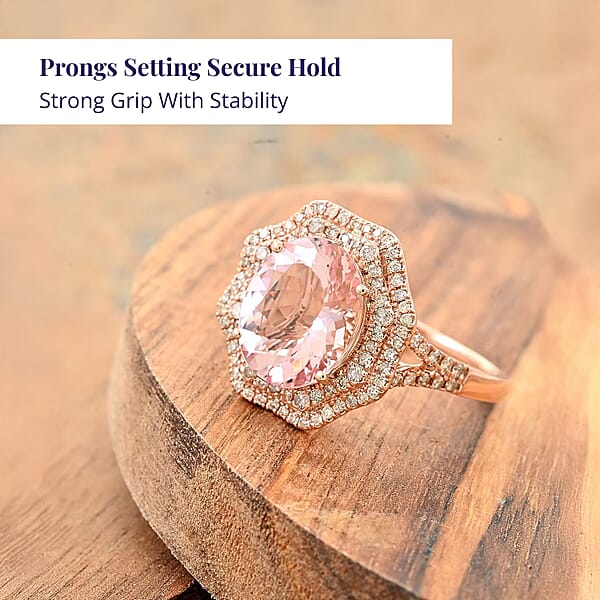 Certified Luxoro AAA Palmeiras Pink Morganite Diamond Ring In 14K Rose Gold 2.00 Ctw