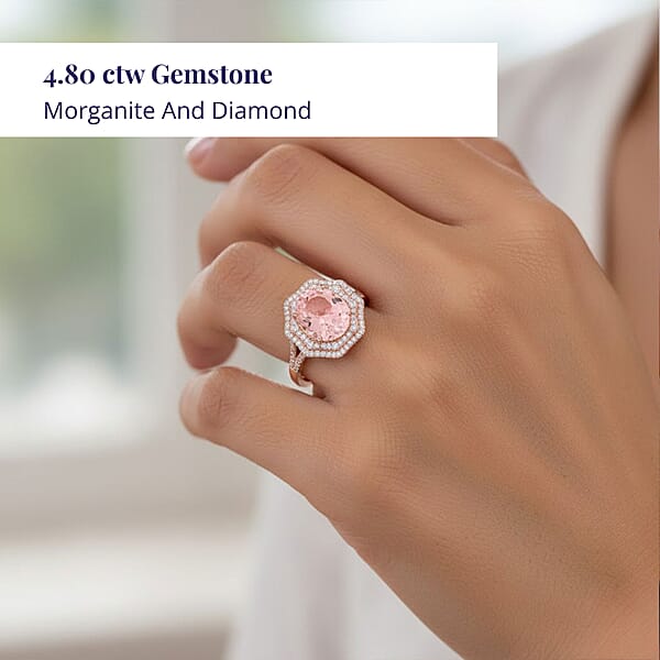 Certified Luxoro AAA Palmeiras Pink Morganite Diamond Ring In 14K Rose Gold 2.00 Ctw