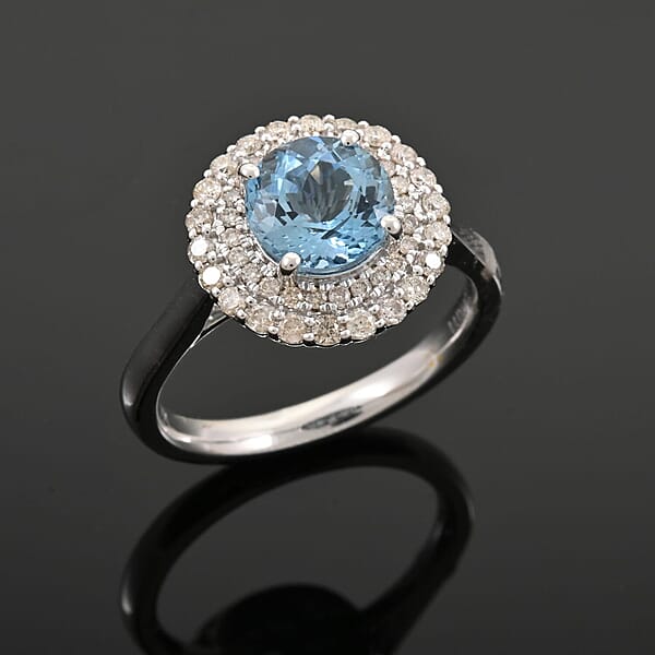 Certified Luxoro AAA Santa Maria Aquamarine Diamond Ring In 10K White Gold 1.69 Ctw