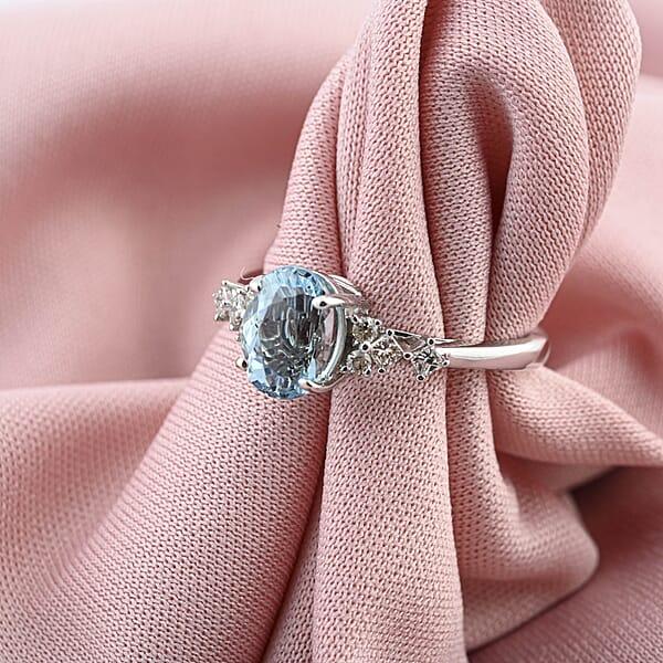 Certified Luxoro AAA Santa Maria Aquamarine Diamond Ring In 14K White Gold 1.50 Ctw