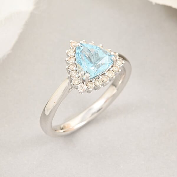 Certified Luxoro AAA Santa Maria Aquamarine Diamond Ring In 10K White Gold 1.20 Ctw