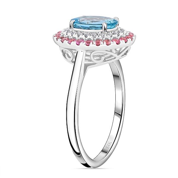 Certified Luxoro AAA Santa Maria Aquamarine Pink Spinel Diamond Ring In 14K White Gold 2.25 Ctw