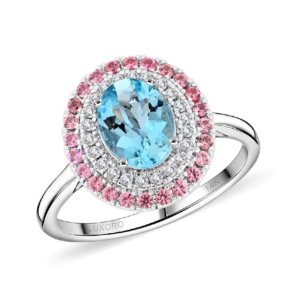 Certified Luxoro AAA Santa Maria Aquamarine Pink Spinel Diamond Ring in 14K White Gold 2.25 ctw