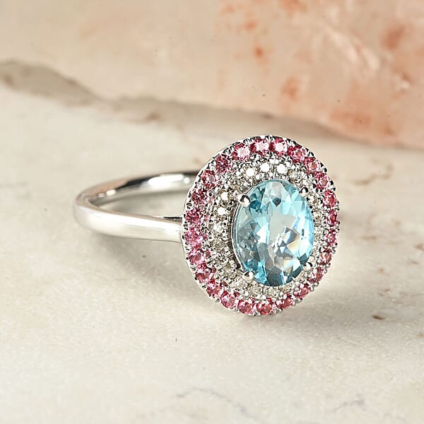 Certified Luxoro AAA Santa Maria Aquamarine Pink Spinel Diamond Ring In 14K White Gold 2.25 Ctw