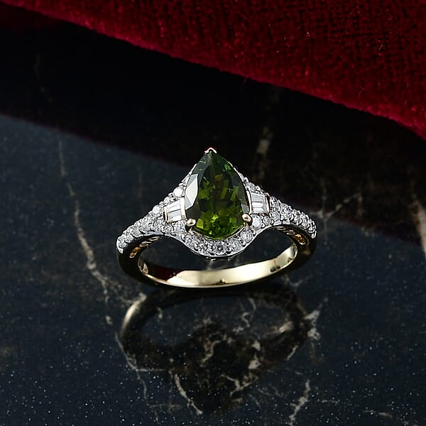 Certified Luxoro AAA Sapo Green Tourmaline Diamond Ring In 10K Yellow Gold 1.90 Ctw