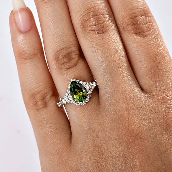 Certified Luxoro AAA Sapo Green Tourmaline Diamond Ring In 10K Yellow Gold 1.90 Ctw