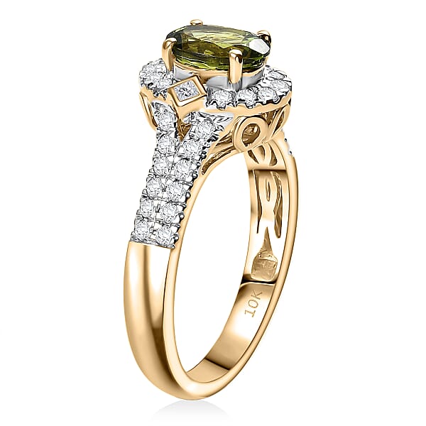 Certified Luxoro AAA Sapo Green Tourmaline Diamond Ring In 10K Yellow Gold 1.77 Ctw