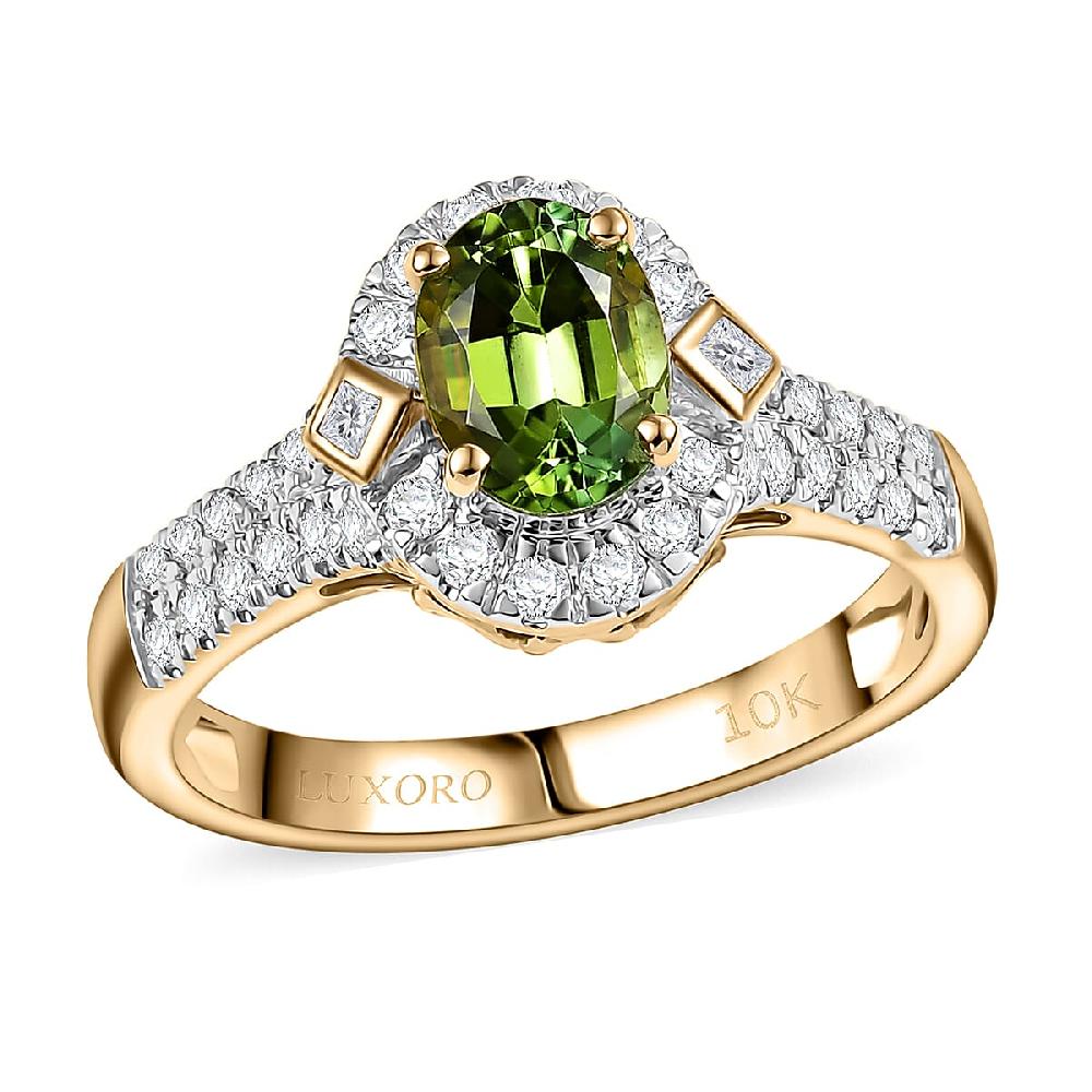 Certified Luxoro AAA Sapo Green Tourmaline Diamond Ring in 10K Yellow Gold 1.77 ctw