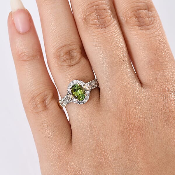 Certified Luxoro AAA Sapo Green Tourmaline Diamond Ring In 10K Yellow Gold 1.77 Ctw