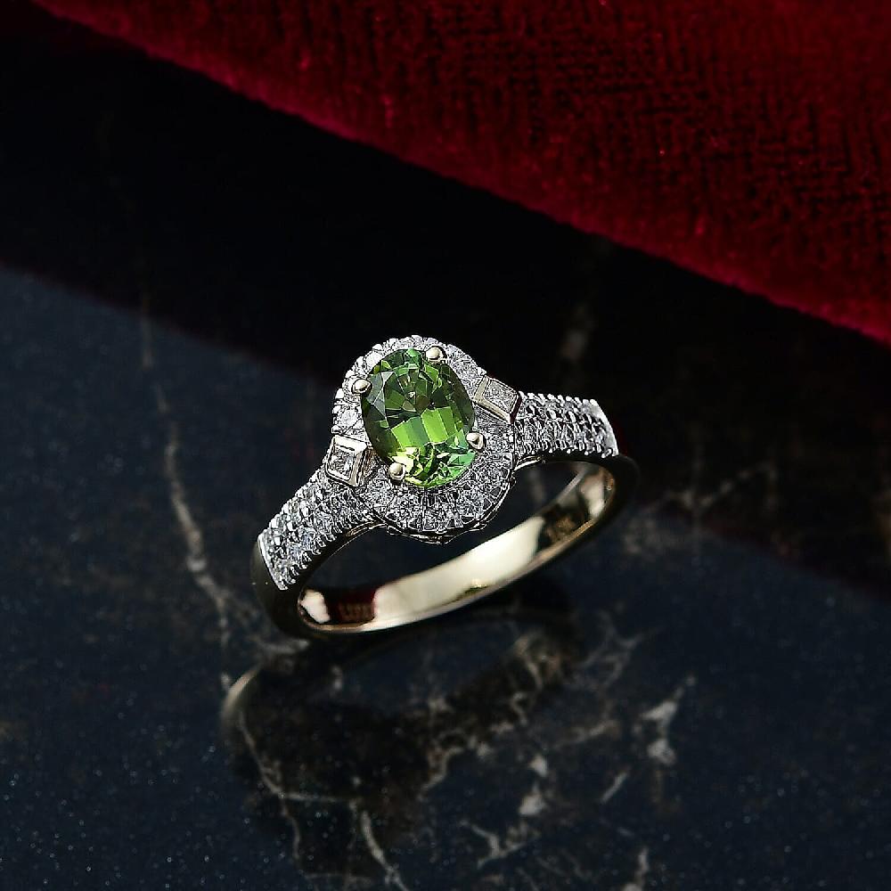 Certified Luxoro AAA Sapo Green Tourmaline Diamond Ring in 10K Yellow Gold 1.77 ctw