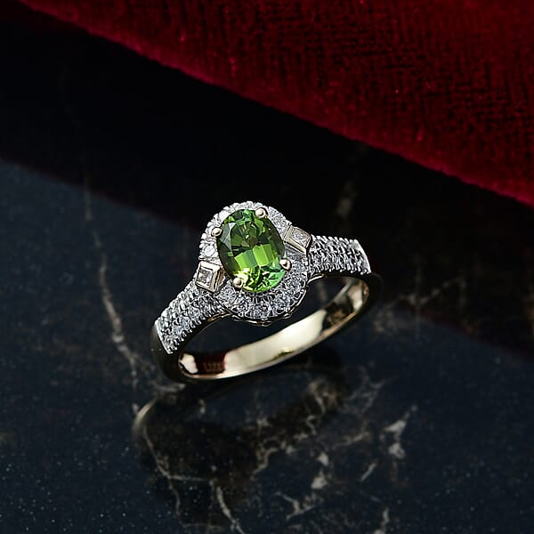 Certified Luxoro AAA Sapo Green Tourmaline Diamond Ring In 10K Yellow Gold 1.77 Ctw