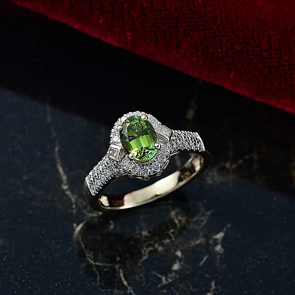 Certified Luxoro AAA Sapo Green Tourmaline Diamond Ring In 10K Yellow Gold 1.77 Ctw