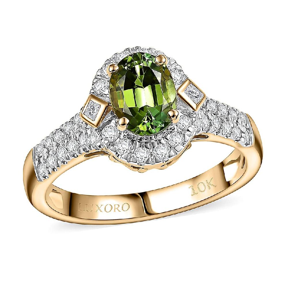 Certified Luxoro AAA Sapo Green Tourmaline Diamond Ring in 10K Yellow Gold 1.77 ctw