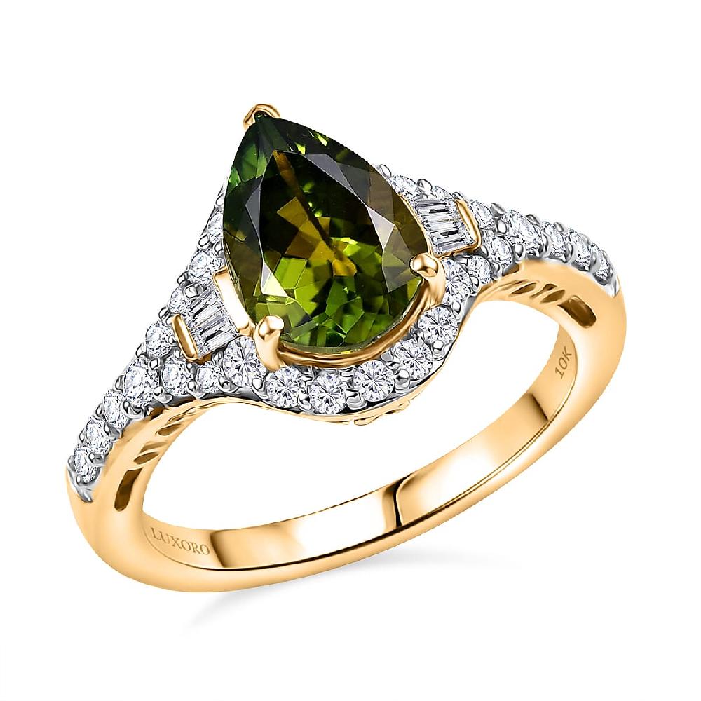 Certified Luxoro AAA Sapo Green Tourmaline Diamond Ring in 10K Yellow Gold 1.90 ctw