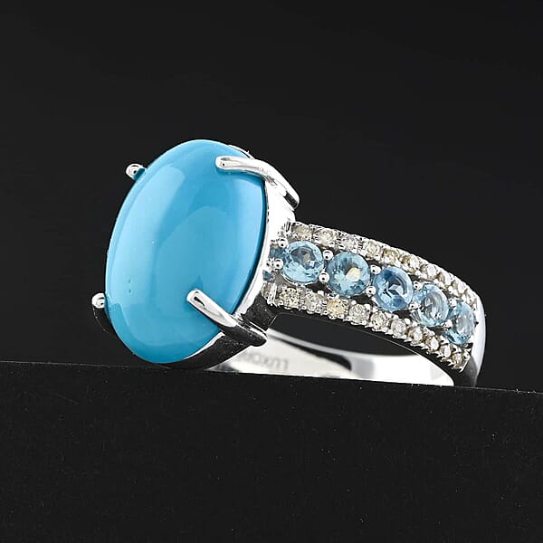 Certified Luxoro AAA Sleeping Beauty Turquoise Aquamarine Diamond Ring In 10K White Gold 5.35 Ctw