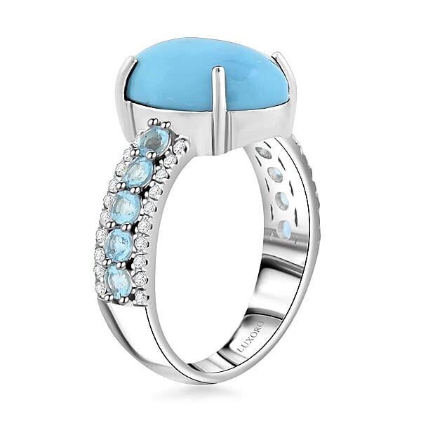Certified Luxoro AAA Sleeping Beauty Turquoise Aquamarine Diamond Ring In 10K White Gold 5.35 Ctw