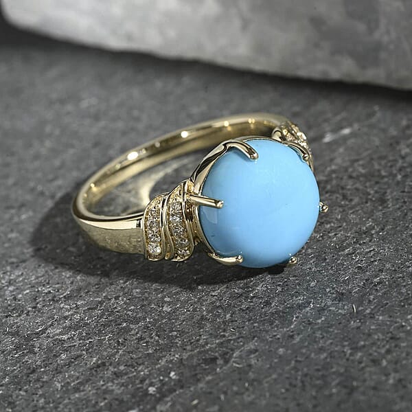 Certified Luxoro AAA Sleeping Beauty Turquoise Diamond Ring In 10K Yellow Gold 4.50 Ctw