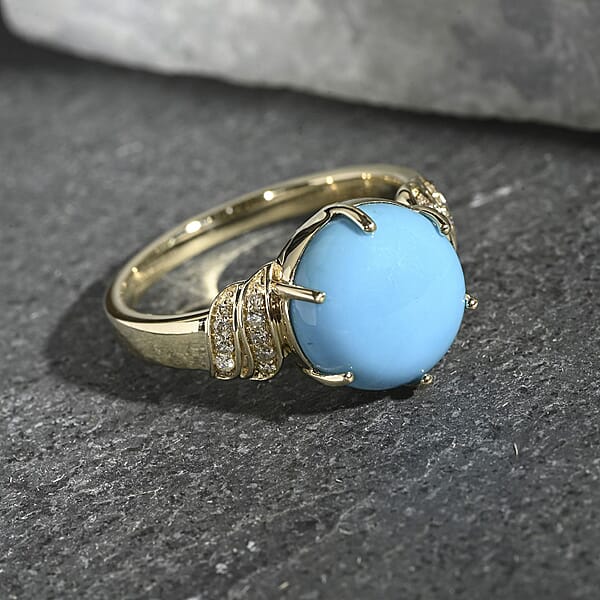 Certified Luxoro AAA Sleeping Beauty Turquoise Diamond Ring In 10K Yellow Gold 4.50 Ctw
